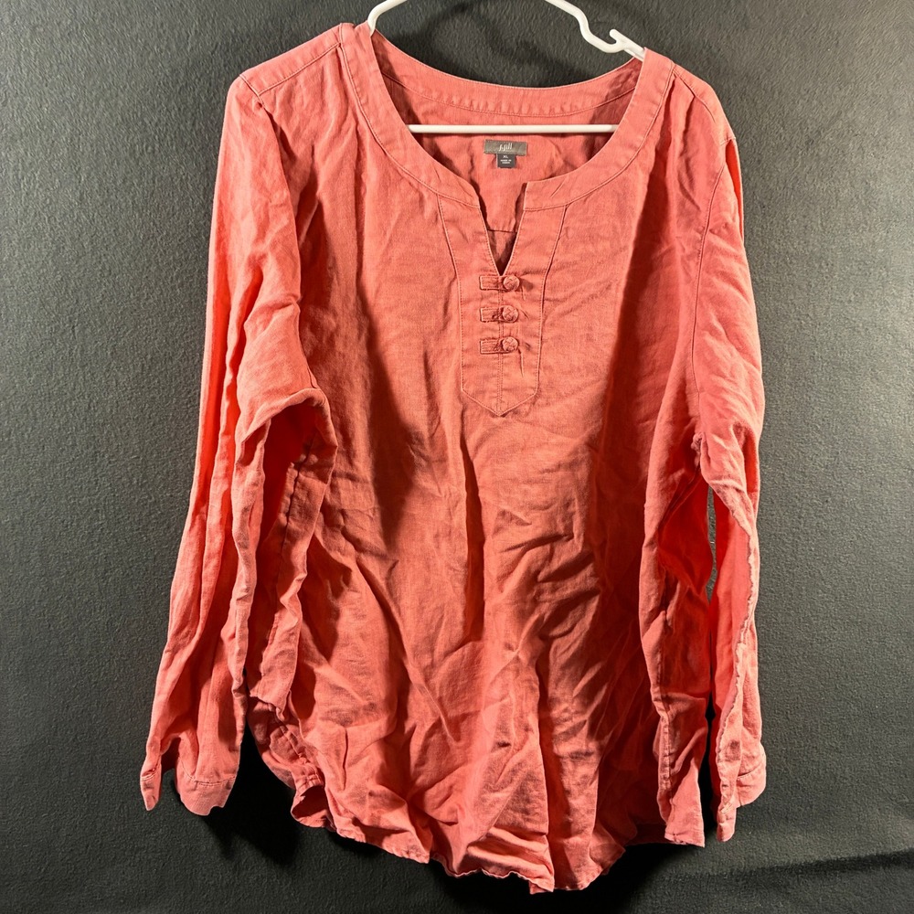 J.Jill women linen Tunic Top xl Pink coral popover Frog Button coastal beach